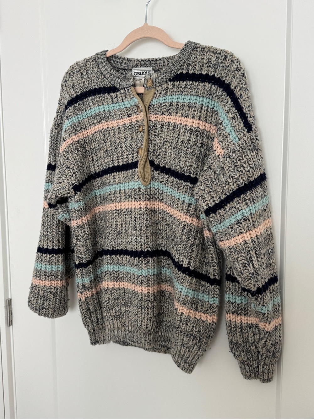 Chunky Knit Stripe Sweater - Gray with Pastel Pink & Blue